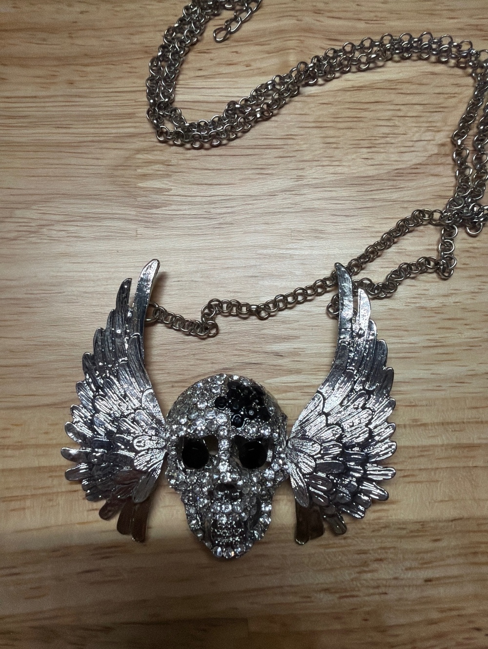 Winged Skull Pendant Necklace Silver Tone with Rhinestone Accents